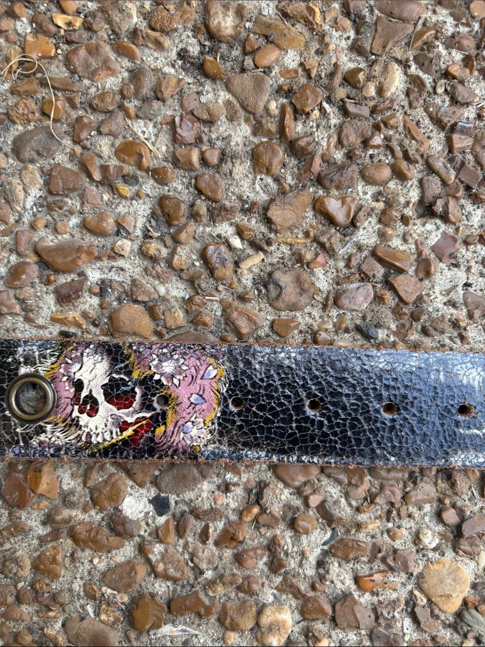 Ed Hardy Black Leather Belt with Multicolor Graphic Accents